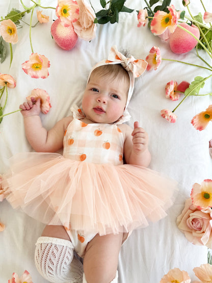 Peach Sorbet Gingham Baby Girl Tulle Party Romper