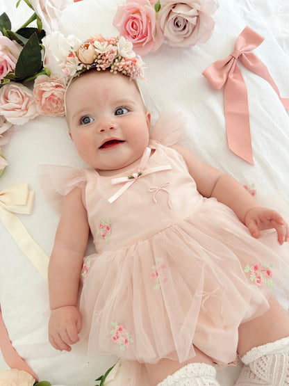 Belle Bow Perfect Pink Embroidered Baby Girl Tulle Party Romper