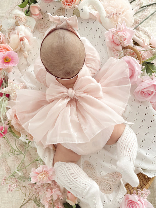 Scarlette Rose Petal Pink Organza Baby Girl Party Romper