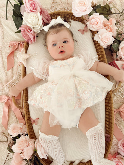 Josephine Lace Blossom Baby Girl Sequin White Tulle Party Romper