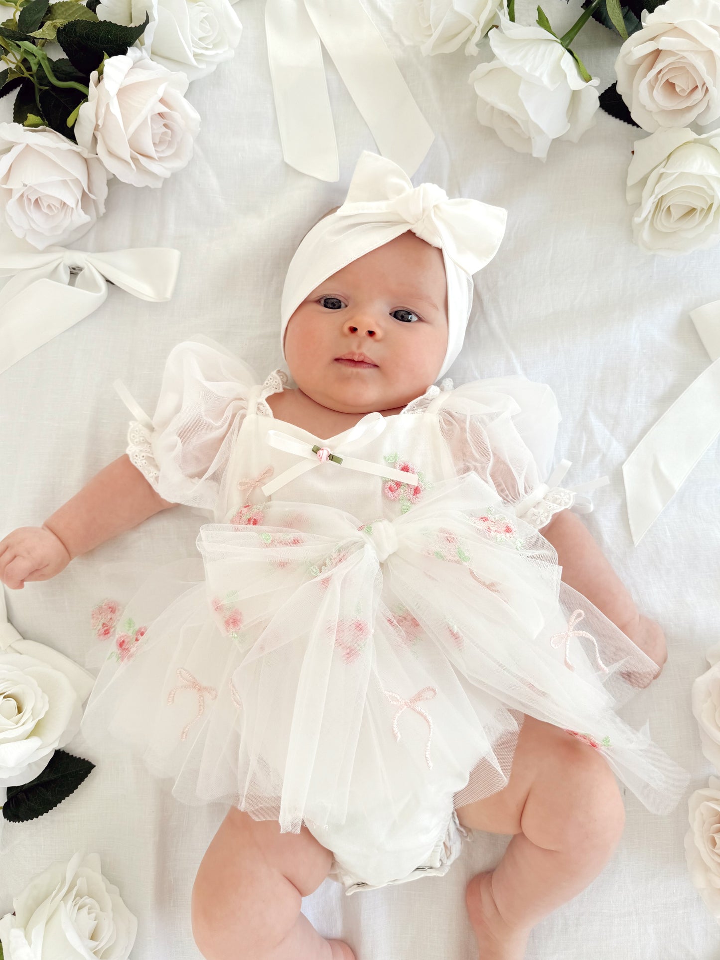 Fleur Butterfly Embroidered Baby Girl White Tulle Party Romper