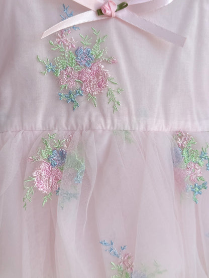 Peony Bloom Petal Pink Embroidered Baby Girl Tulle Party Romper