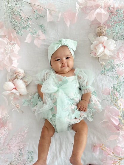 Butterfly Kisses Peppermint Pink Embroidered Baby Girl Tulle Party Romper