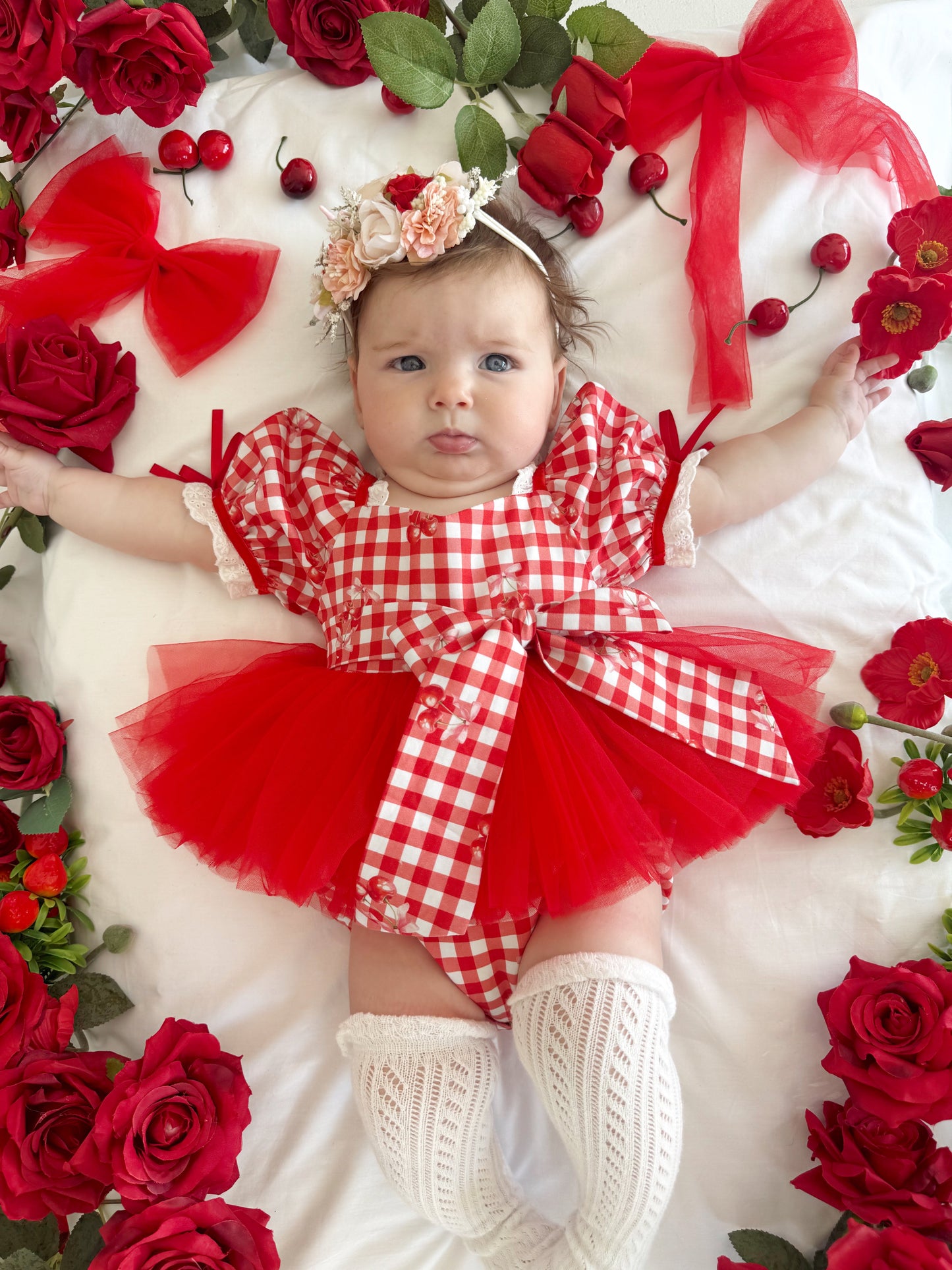 Cherry Lane Red Gingham Baby Girl Tulle Party Romper