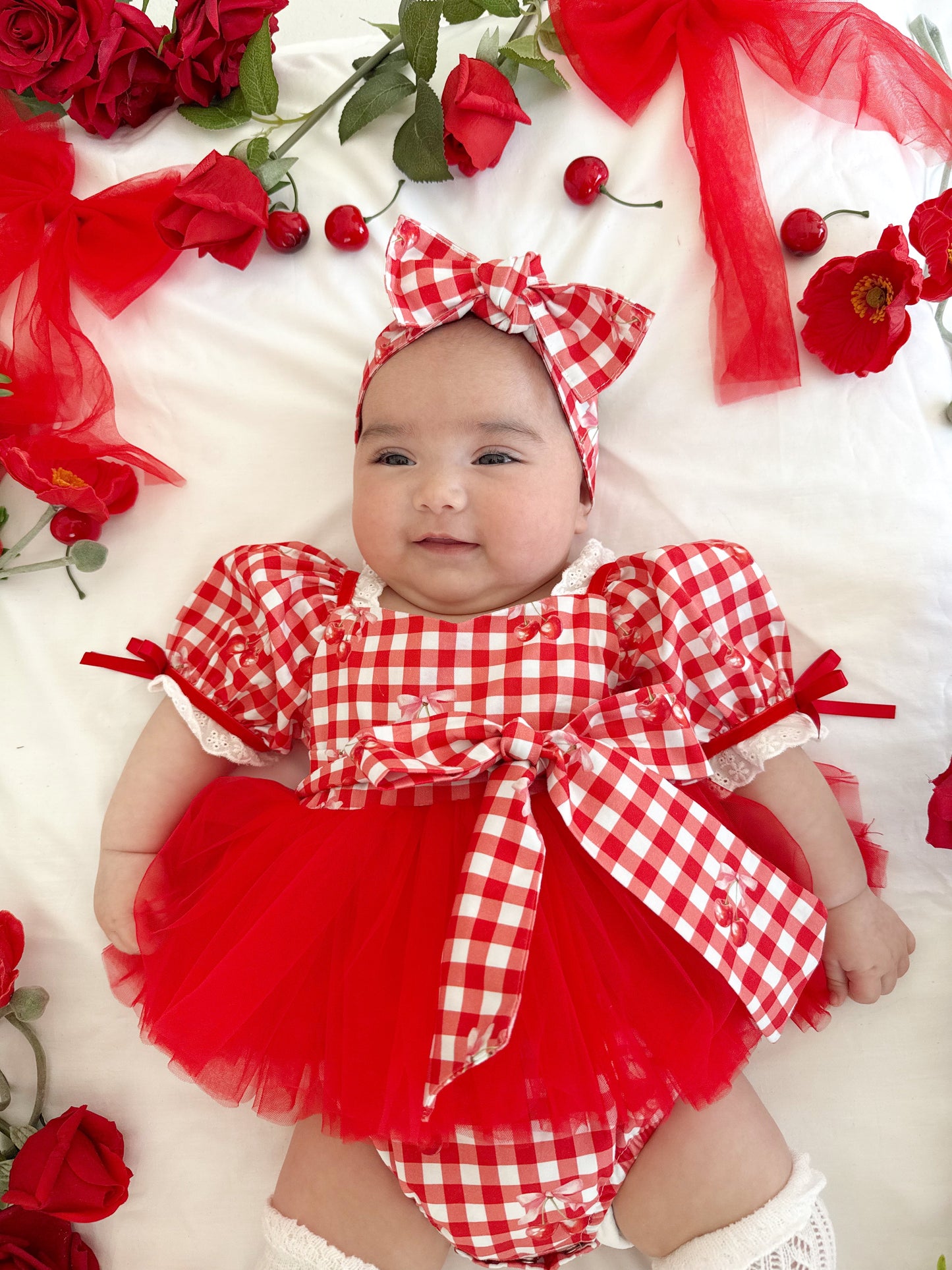 Cherry Lane Red Gingham Baby Girl Tulle Party Romper