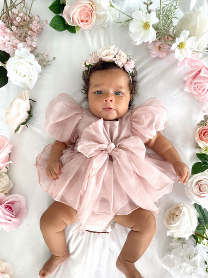 Clementine Matte Blush Rose Pink Organza Baby Girl Romper