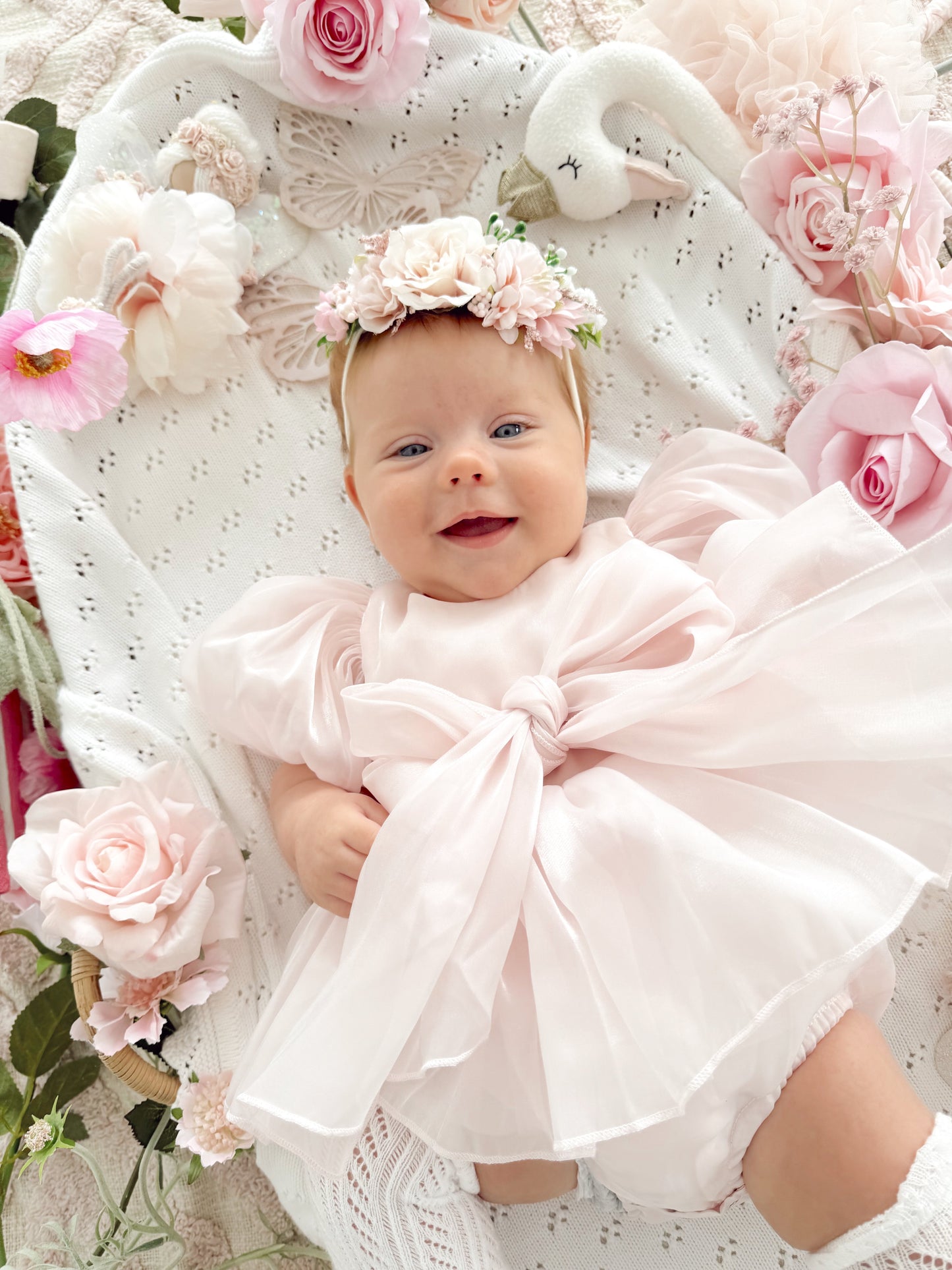 Scarlette Rose Petal Pink Organza Baby Girl Party Romper