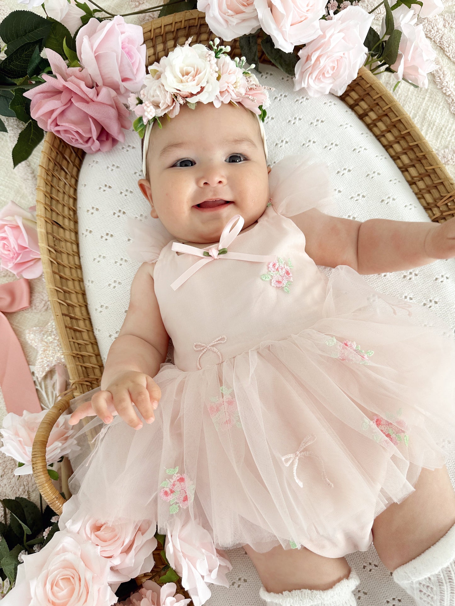 Belle Bow Perfect Pink Embroidered Baby Girl Tulle Party Romper