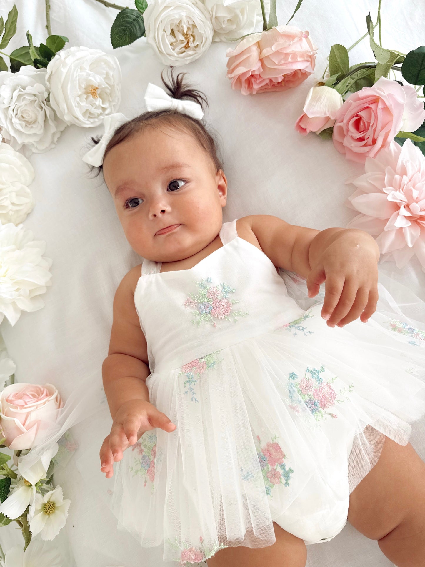 Aletta White Embroidered Baby Girl Tulle Party Romper