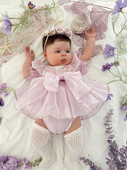 Ariel Purple Pearl Organza Sequin Baby Girl Party Romper