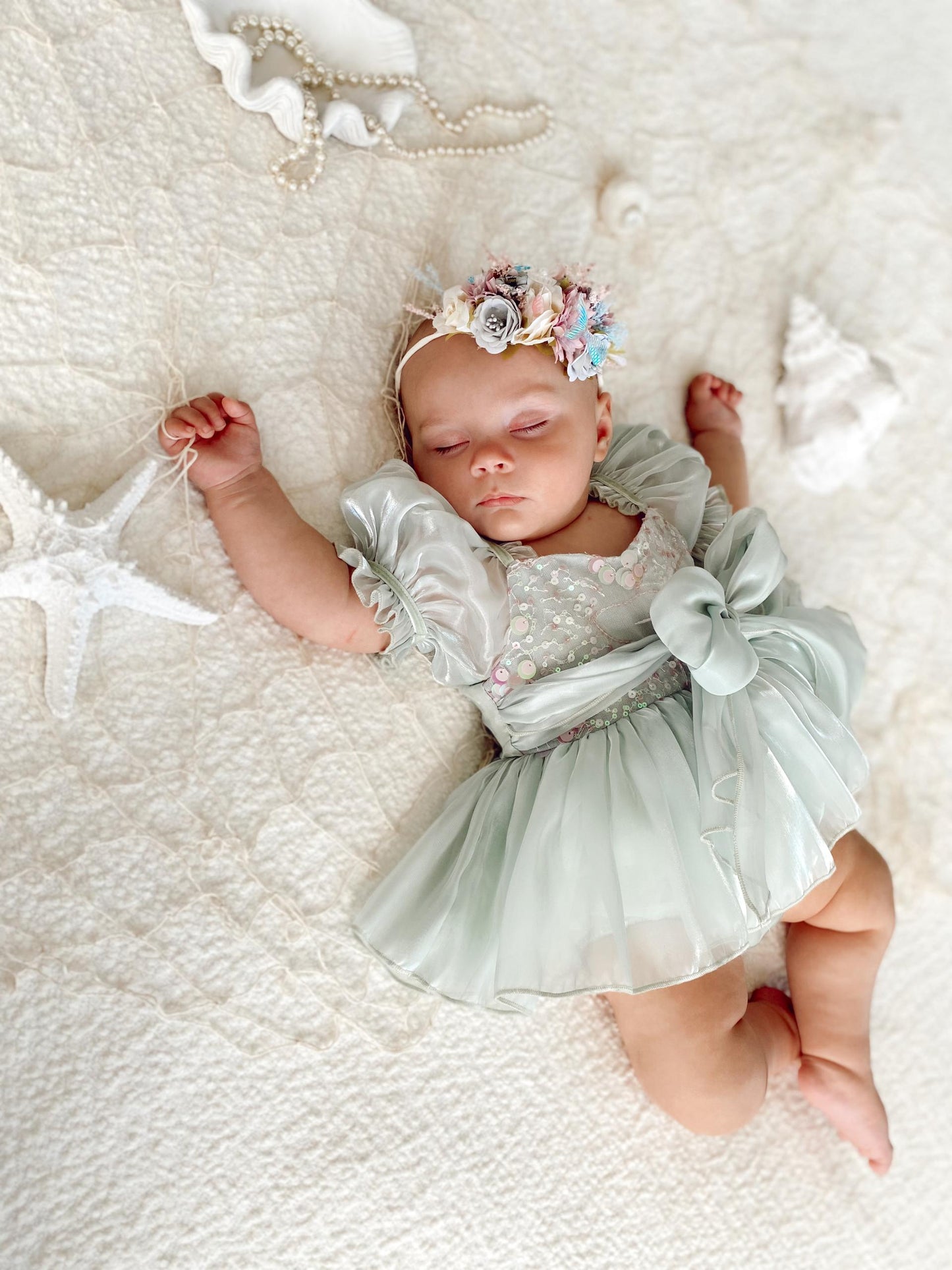 Mermaid Sequin Green Organza Baby Girl Party Romper