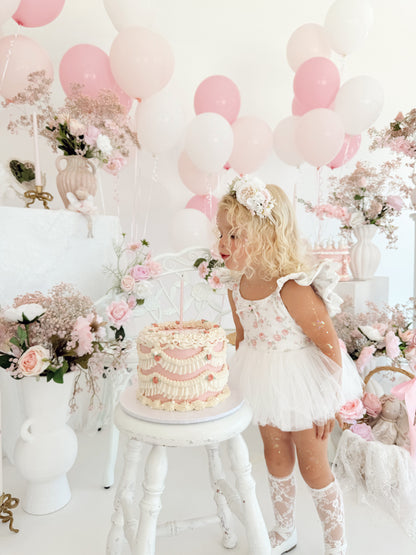 Cottage Fairy Baby Girl Floral White Tulle Party Romper