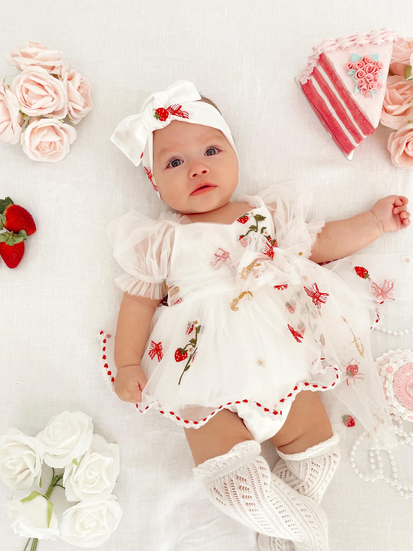 Strawberry Fields White Baby Girl Tulle Party Romper