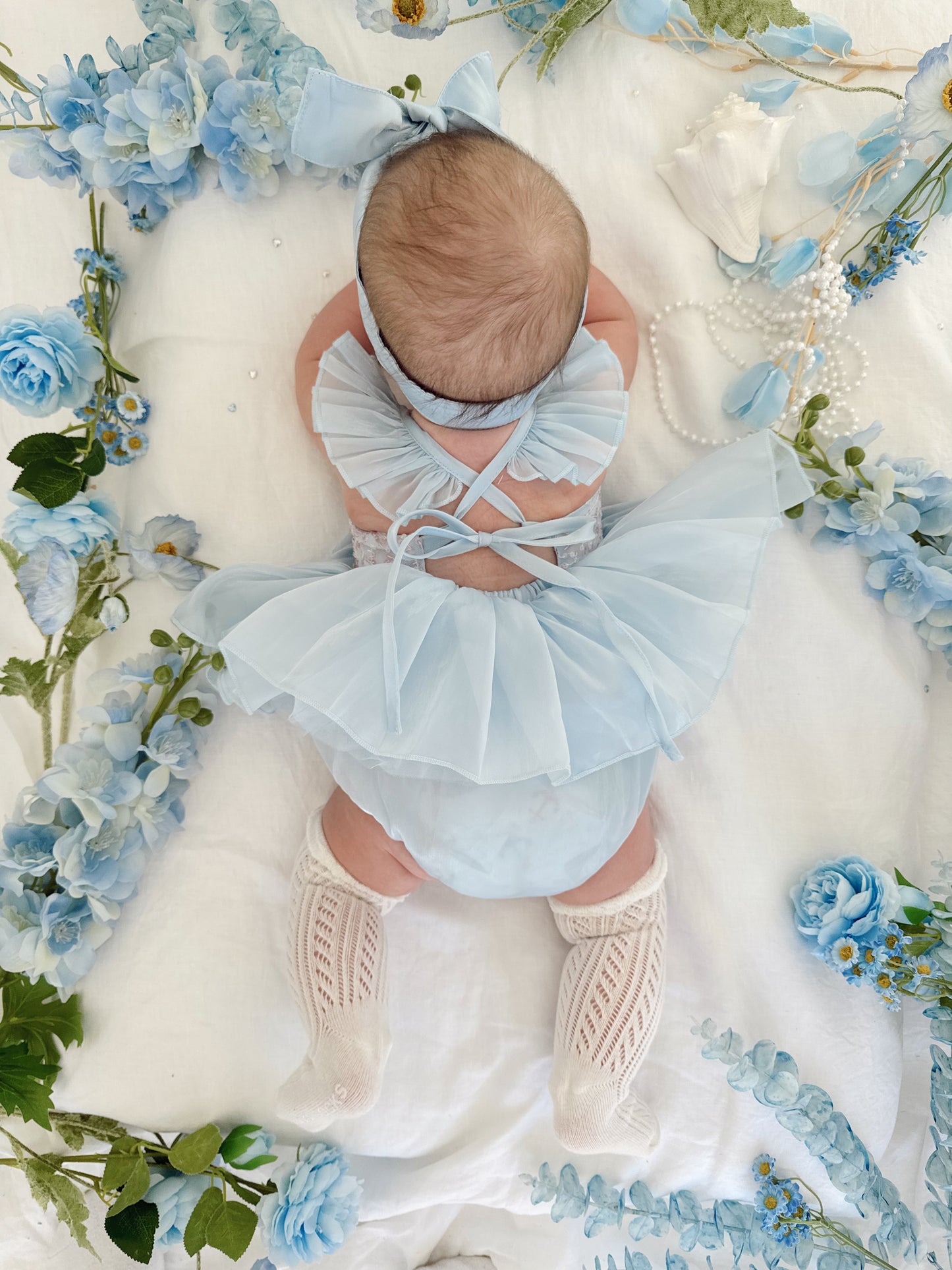 Ariel Ocean Blue Organza Sequin Baby Girl Party Romper