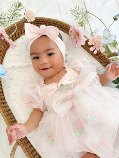 Peony Bloom Petal Pink Embroidered Baby Girl Tulle Party Romper