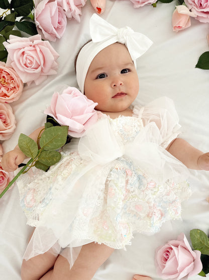 Josephine Lace Blossom Baby Girl Sequin White Tulle Party Romper