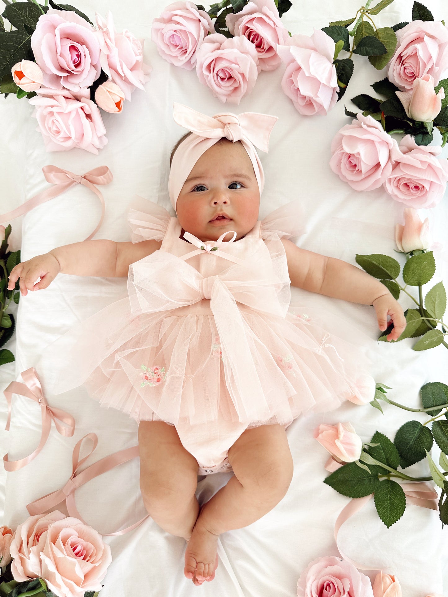 Belle Bow Perfect Pink Embroidered Baby Girl Tulle Party Romper