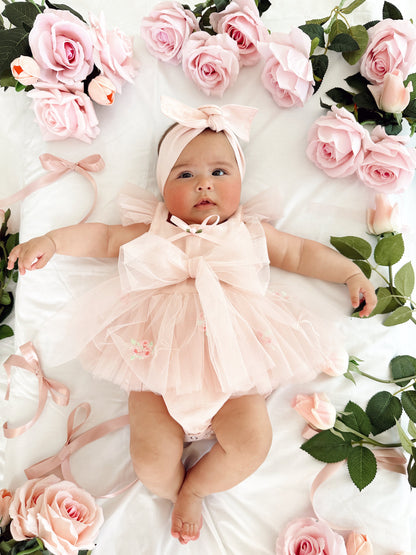 Belle Bow Perfect Pink Embroidered Baby Girl Tulle Party Romper