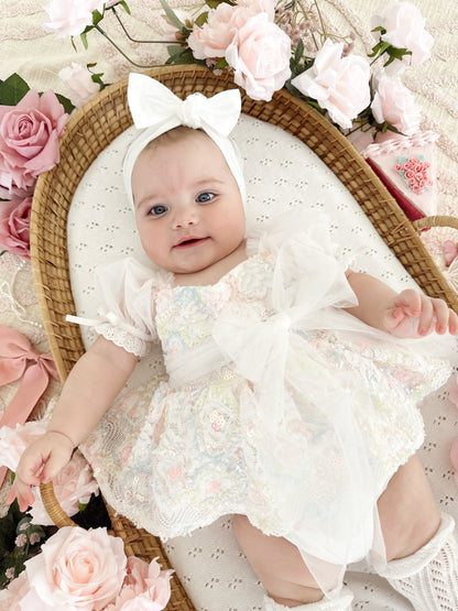 Josephine Lace Blossom Baby Girl Sequin White Tulle Party Romper
