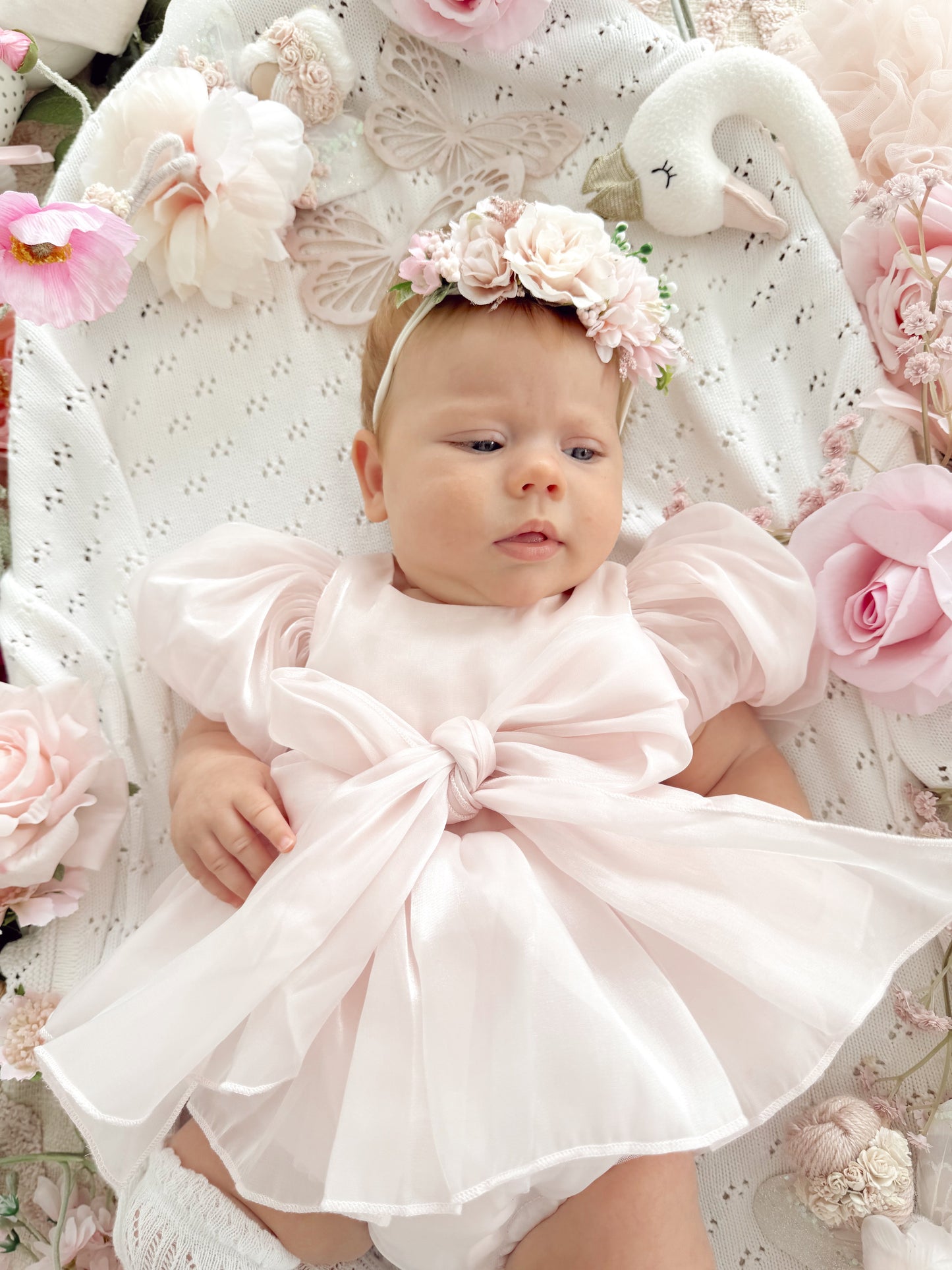 Scarlette Rose Petal Pink Organza Baby Girl Party Romper