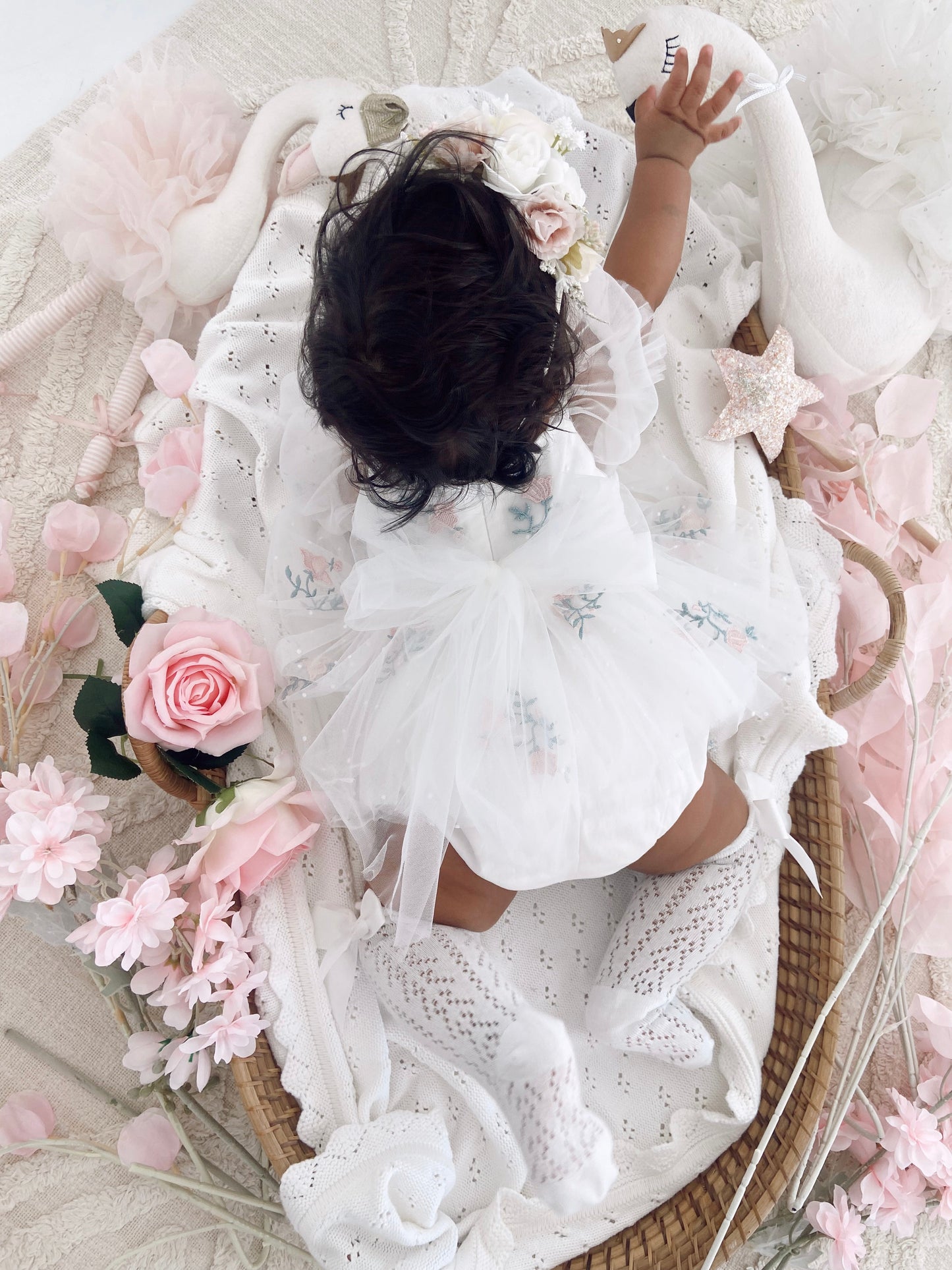 Swan Lake White Embroidered Baby Girl Tulle Party Romper