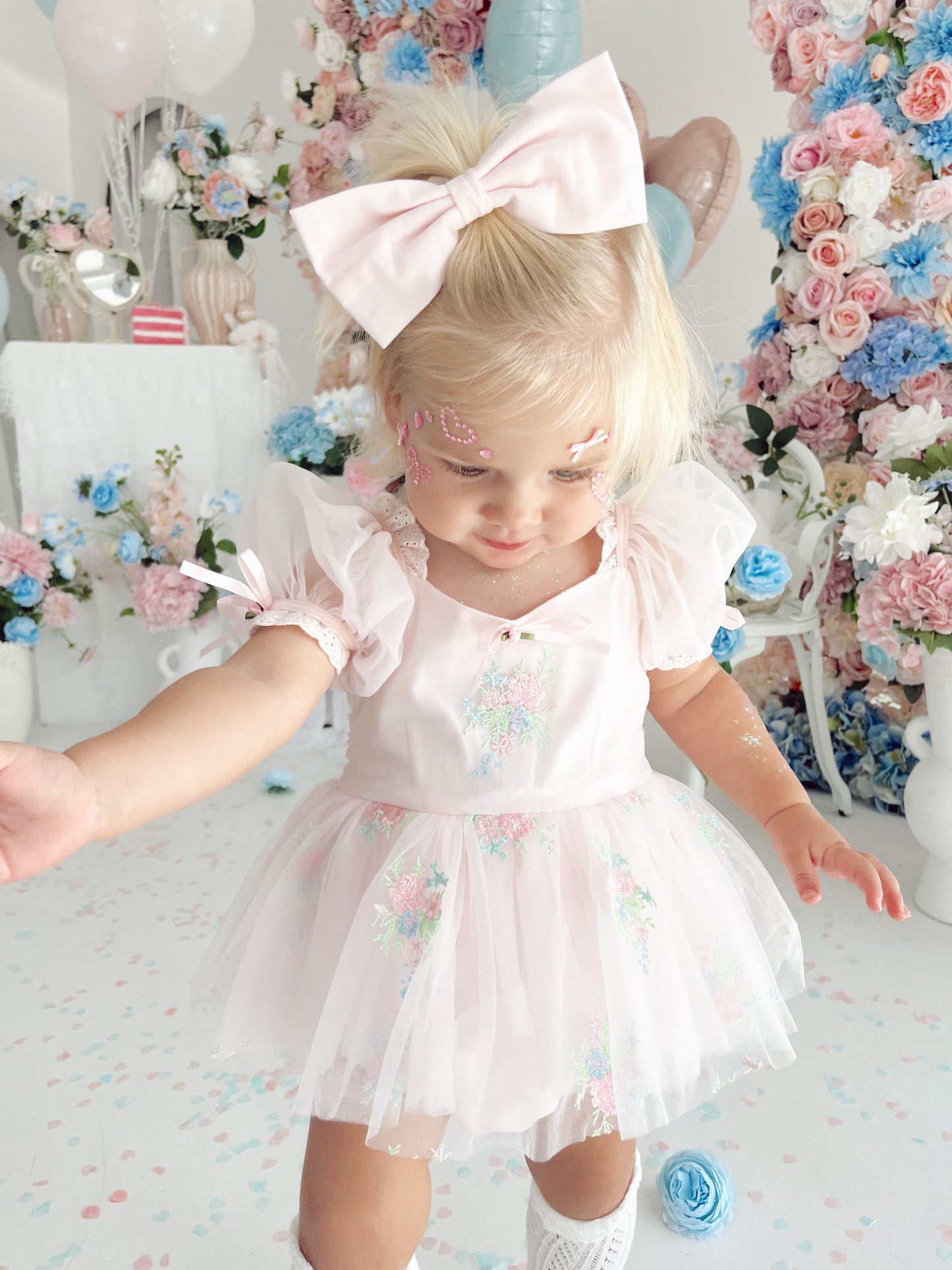 Peony Bloom Petal Pink Embroidered Baby Girl Tulle Party Romper