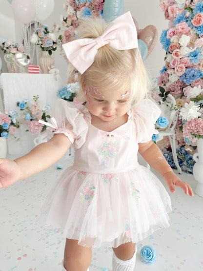 Peony Bloom Petal Pink Embroidered Baby Girl Tulle Party Romper