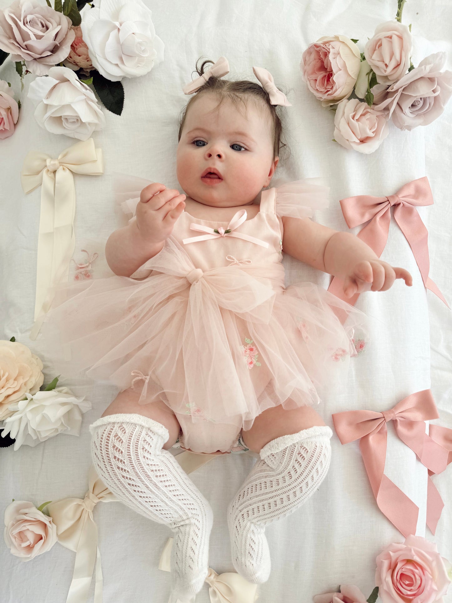 Belle Bow Perfect Pink Embroidered Baby Girl Tulle Party Romper