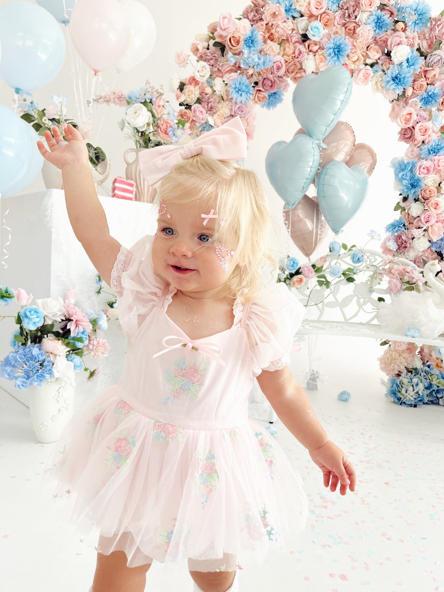 Peony Bloom Petal Pink Embroidered Baby Girl Tulle Party Romper