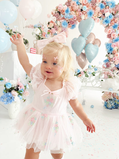 Peony Bloom Petal Pink Embroidered Baby Girl Tulle Party Romper