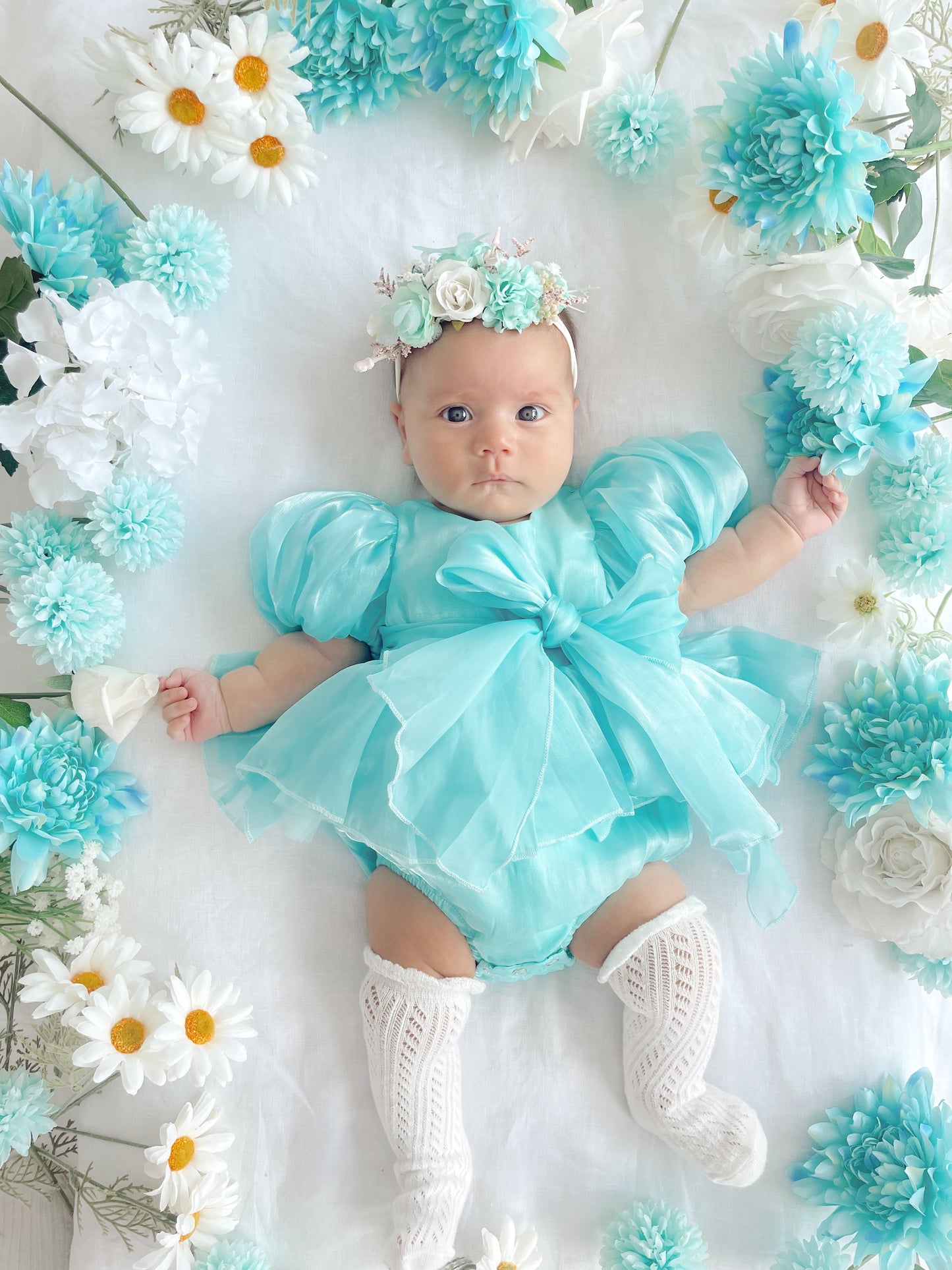 Dolly Turquoise Sky Organza Baby Girl Blue Party Romper