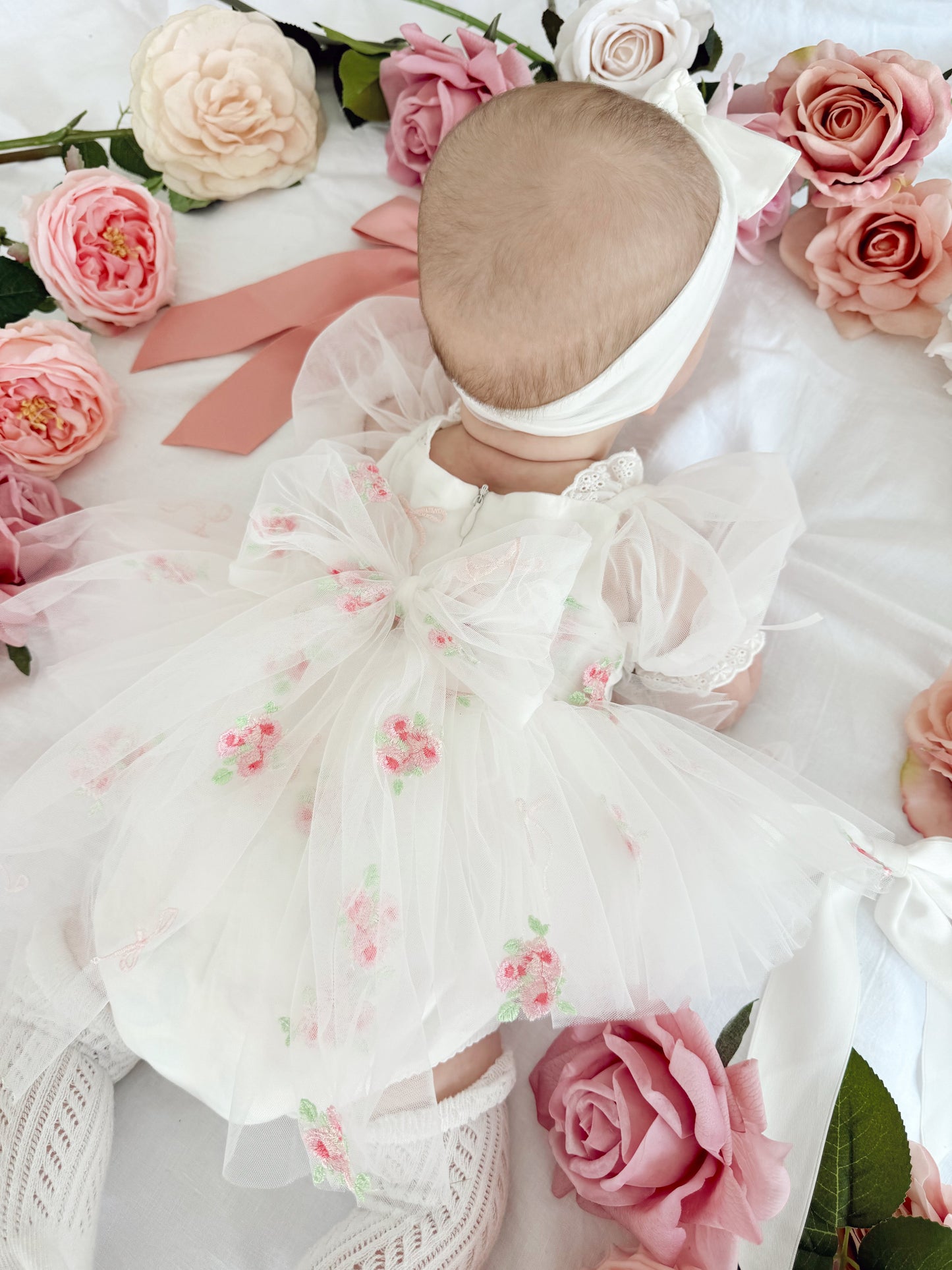 Fleur Butterfly Embroidered Baby Girl White Tulle Party Romper