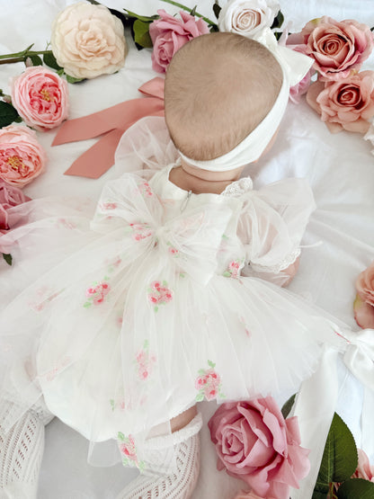 Fleur Butterfly Embroidered Baby Girl White Tulle Party Romper