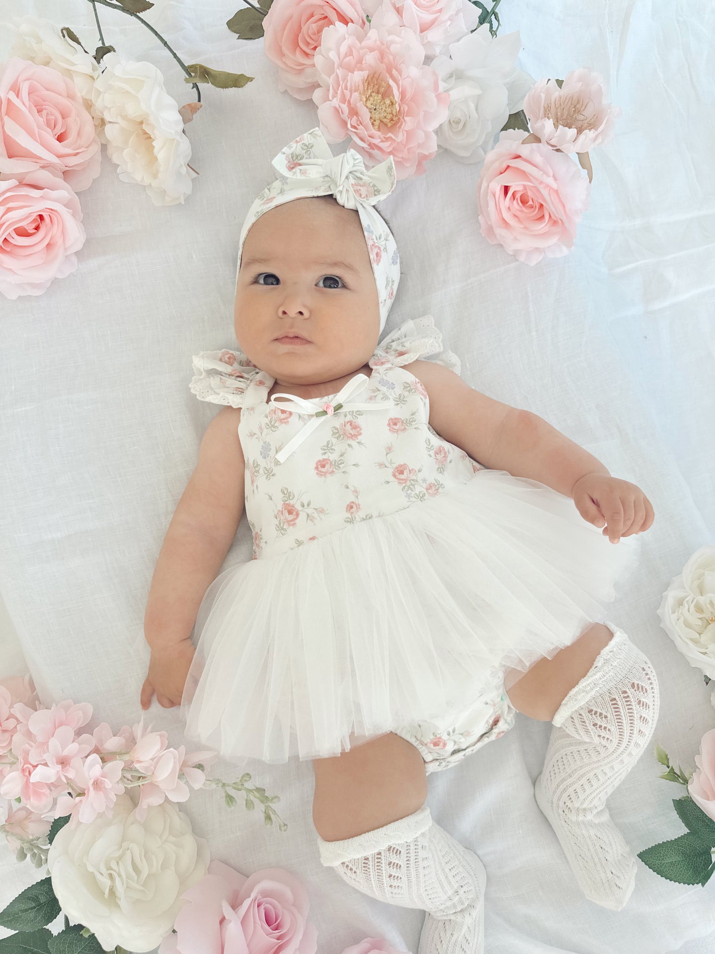 Cottage Fairy Baby Girl Floral White Tulle Party Romper
