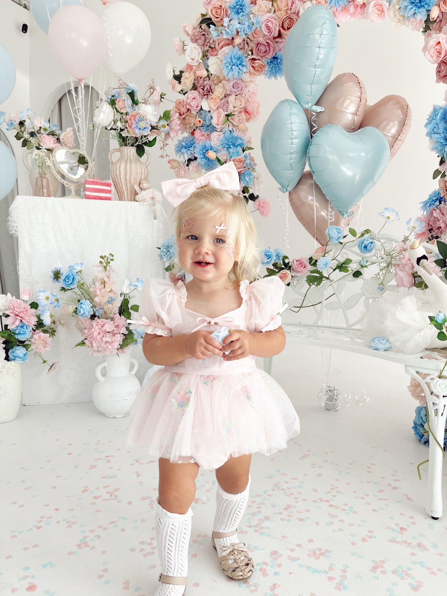 Peony Bloom Petal Pink Embroidered Baby Girl Tulle Party Romper