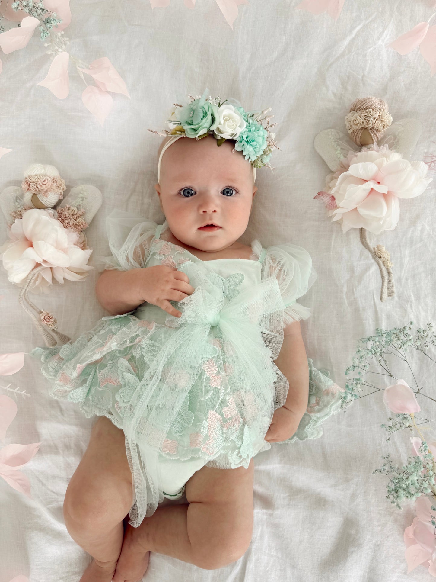 Butterfly Kisses Peppermint Pink Embroidered Baby Girl Tulle Party Romper