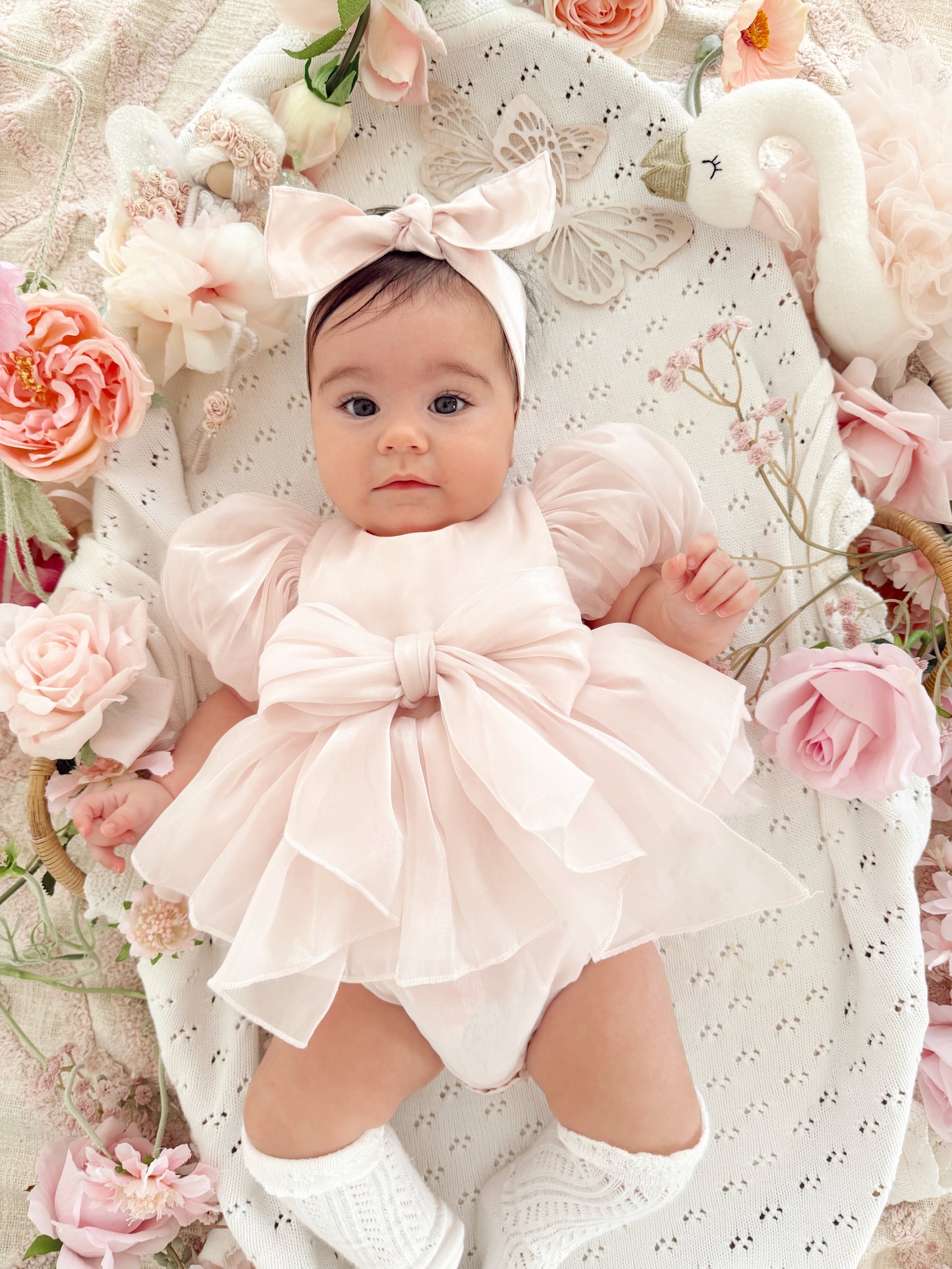 Scarlette Rose Petal Pink Organza Baby Girl Party Romper