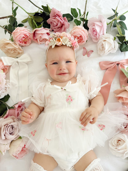 Fleur Butterfly Embroidered Baby Girl White Tulle Party Romper