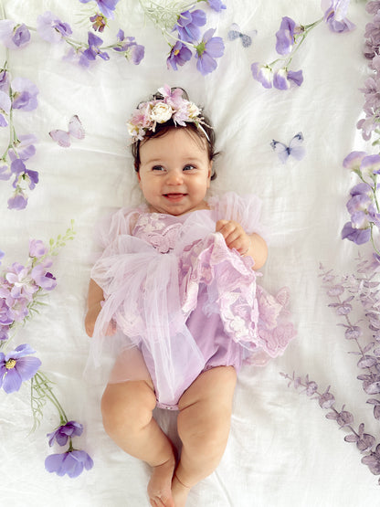 Butterfly Kisses Lilac Pink Rose Embroidered Baby Girl Tulle Party Romper