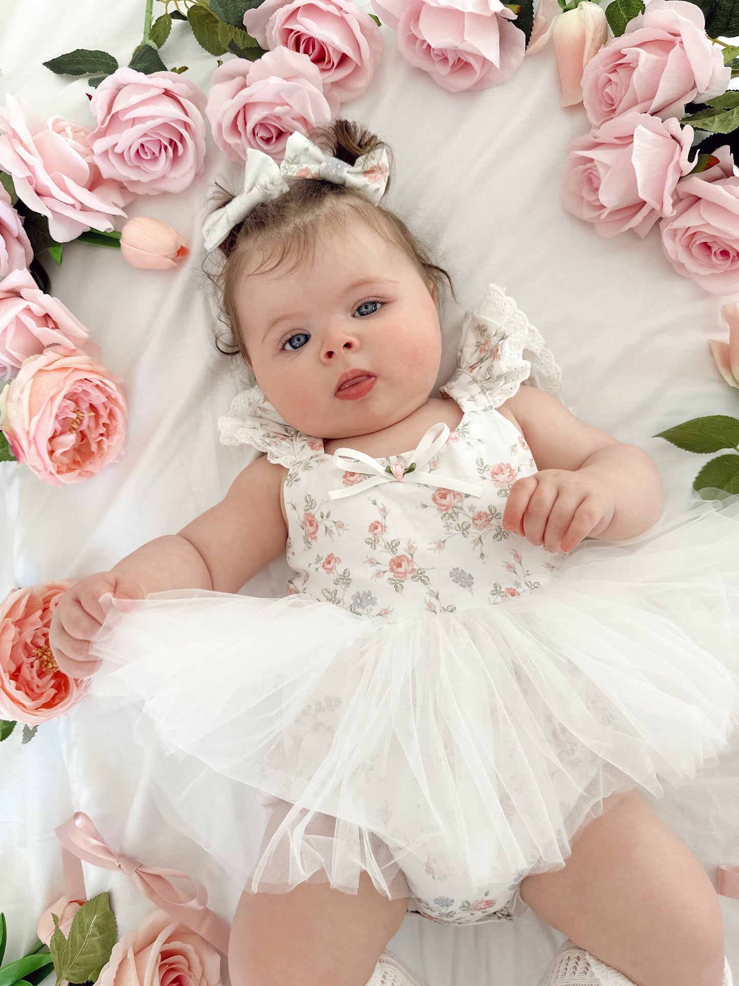 Cottage Fairy Baby Girl Floral White Tulle Party Romper