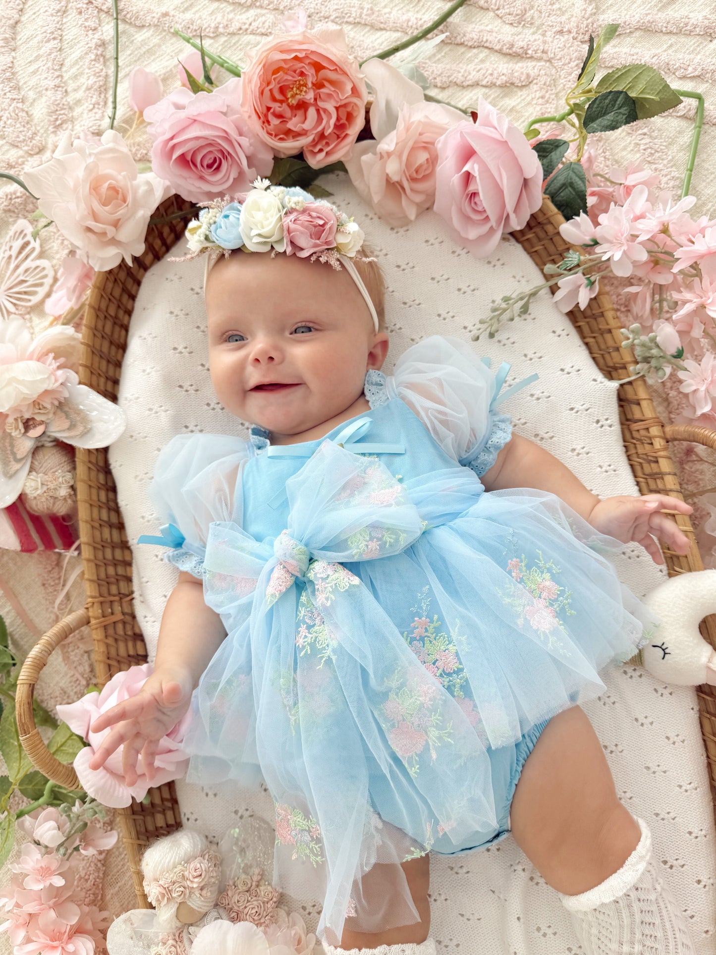 Afina Blue Embroidered Baby Girl Tulle Party Romper