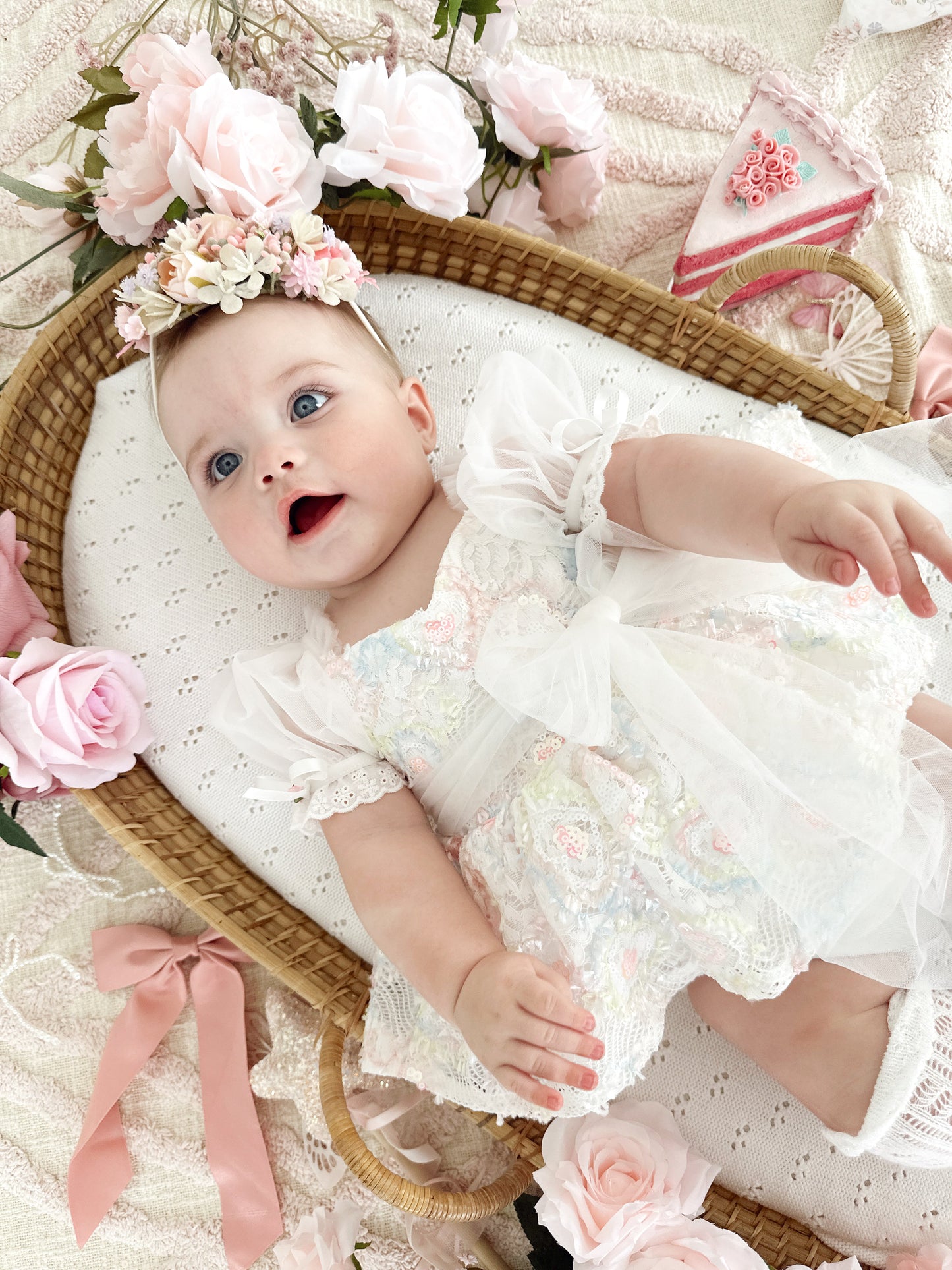 Josephine Lace Blossom Baby Girl Sequin White Tulle Party Romper