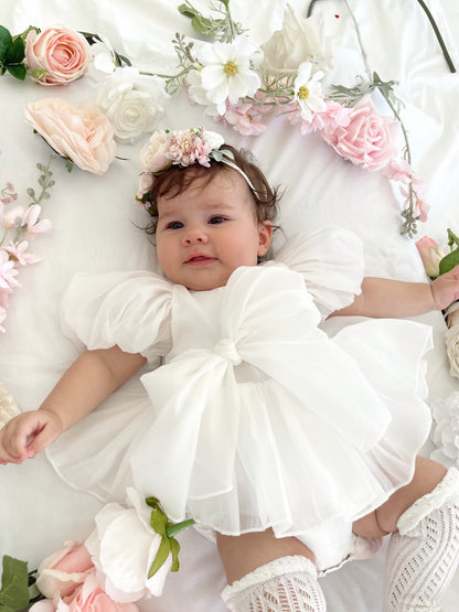 Clementine Matte White Organza Baby Girl Romper