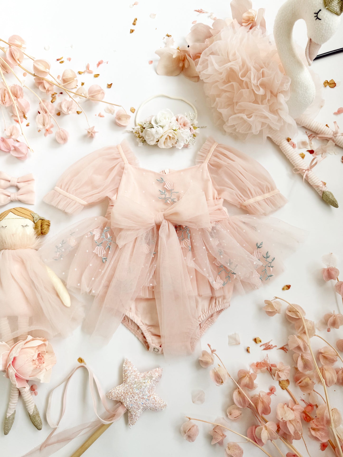 Swan Lake Ballerina Pink Embroidered Baby Girl Tulle Party Romper