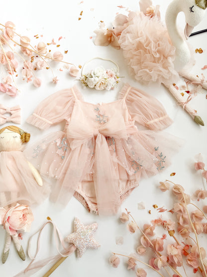 Swan Lake Ballerina Pink Embroidered Baby Girl Tulle Party Romper