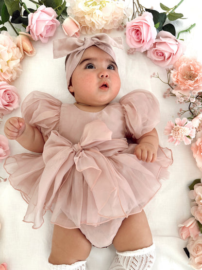 Clementine Matte Blush Rose Pink Organza Baby Girl Romper