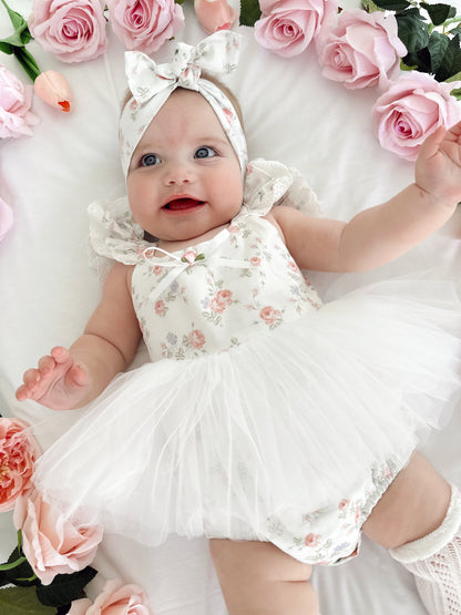 Cottage Fairy Baby Girl Floral White Tulle Party Romper