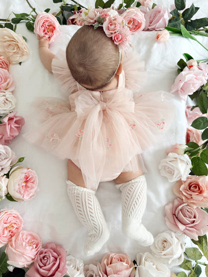 Belle Bow Perfect Pink Embroidered Baby Girl Tulle Party Romper