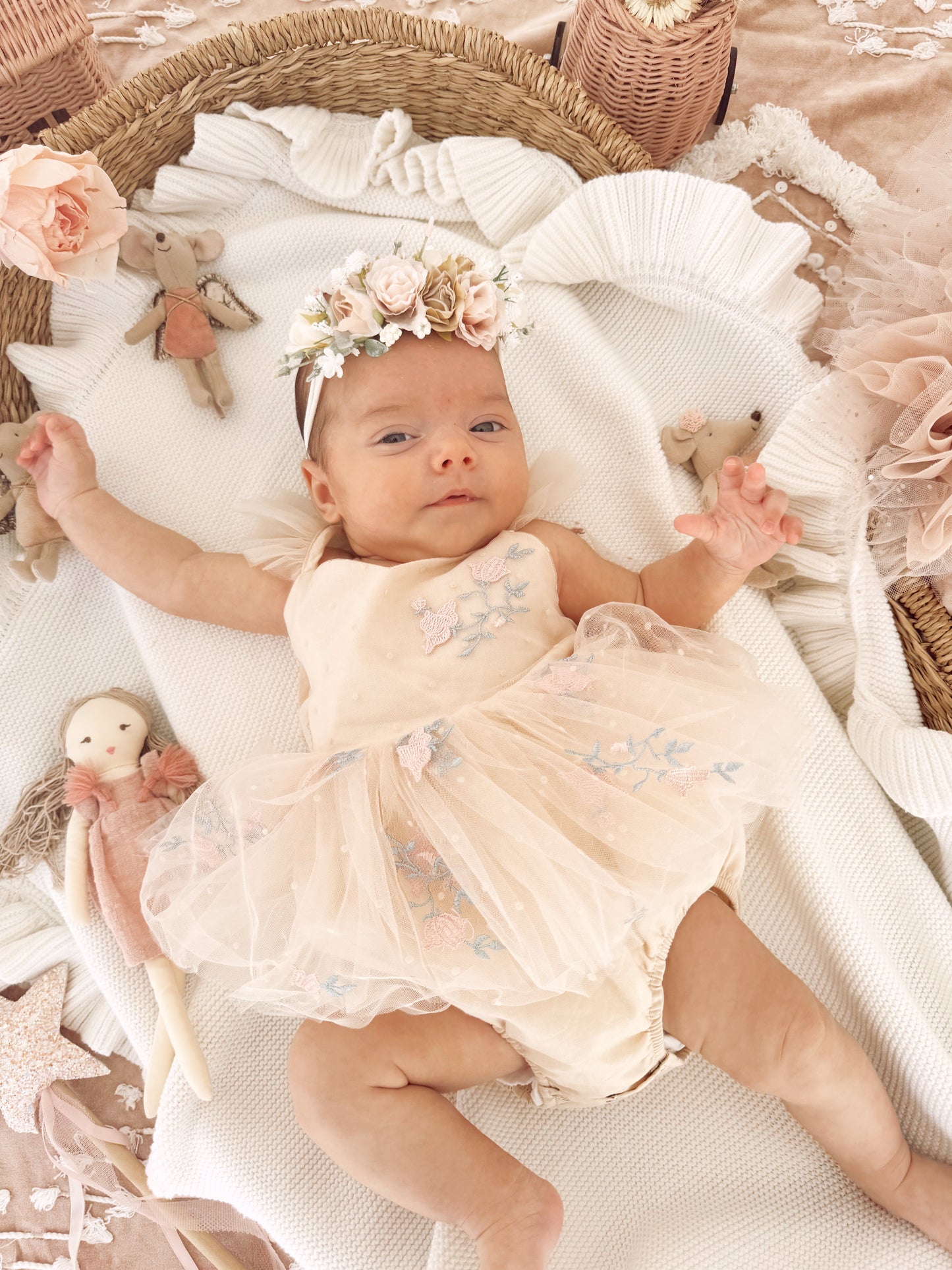 The Rose Champagne Embroidered Baby Girl Tulle Party Romper