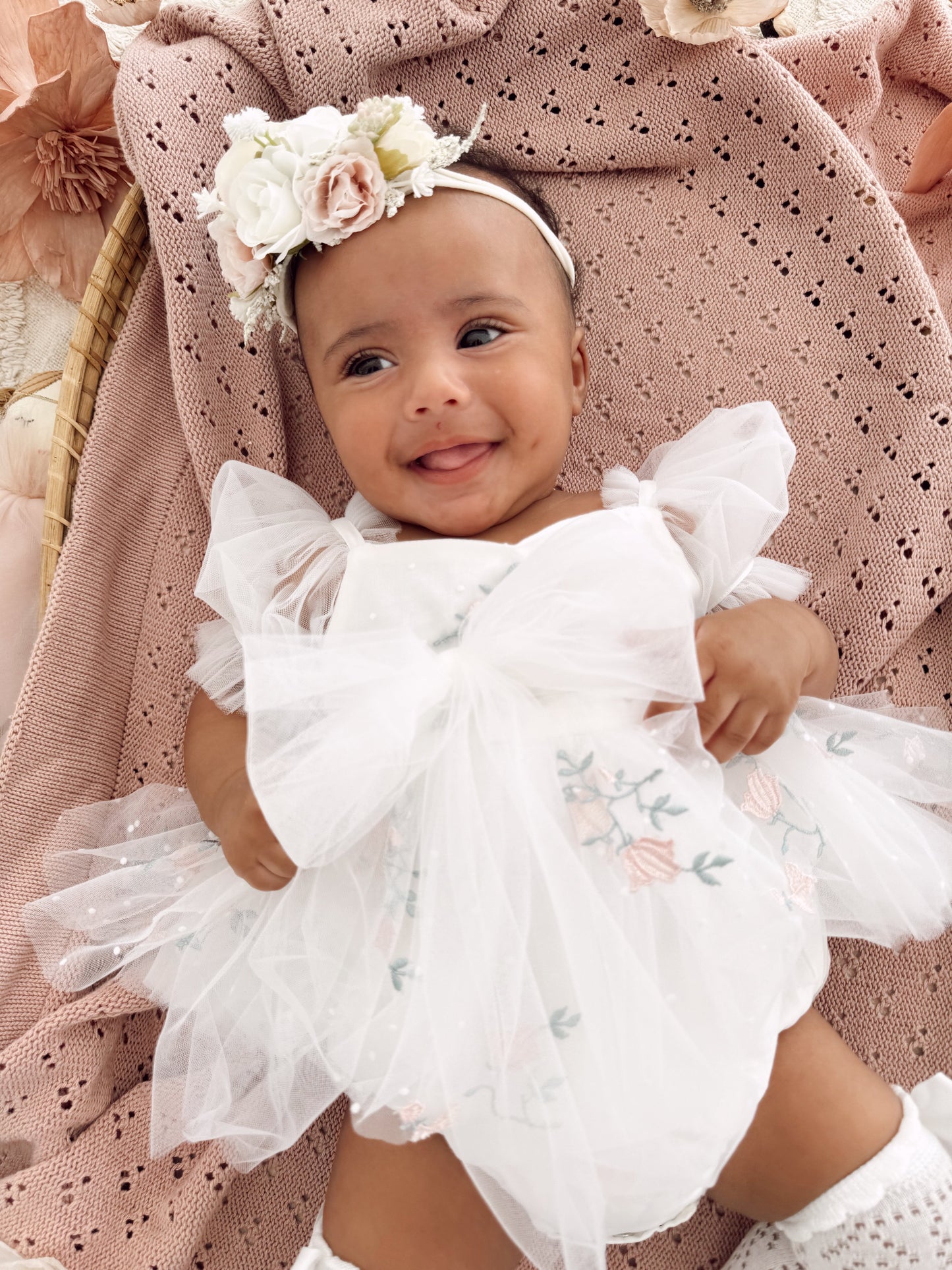Swan Lake White Embroidered Baby Girl Tulle Party Romper